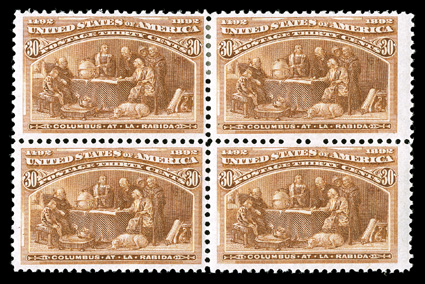 239, 30c Columbian, mint block of four, wide margins, rich color, o.g., small hinge sliver reinforcing perfs. between top two stamps, otherwise never hinged, very
fine.