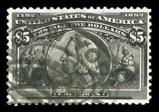 245, $5.00 Columbian, used, strong impression, registry oval cancel, faint trace of a crease at bottom right, otherwise fine clear 1984 PF certificate.