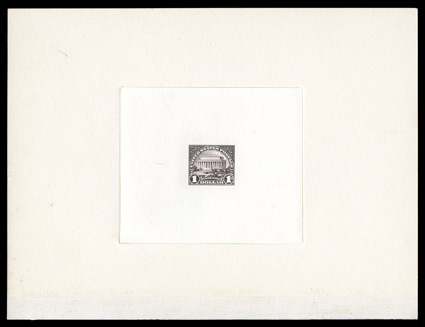 571P1, $1.00 Violet brown, large die proof on India, die sunk on large card measuring 197x150mm, taken from a special presentation book, as evidenced by a bit of the linen
binding hinge affixed at the bottom edge, minute edge tear at left edge o