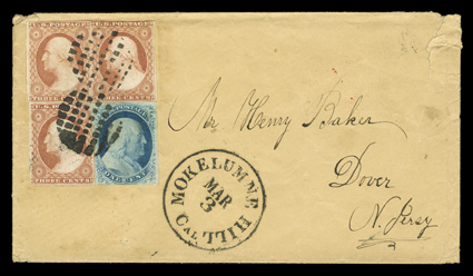 9, 11, 1c Blue, Ty. IV and 3c Dull red, Ty. I, former a single with ample to large margins all around, latter three singles with large margins to cutting, all tied together by
two strikes of waffle grid cancel on buff cover to Dover, N.J., match
