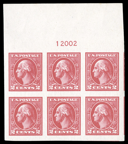 534, 2c Carmine offset imperforate, Ty. Va, highly select full top margin plate no. 12002 block of six, boasting huge and wonderfully balanced margins all around, sumptuously
rich color, o.g., n.h., extremely fine a pristine plate block in extr