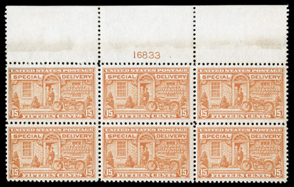 E13, 15c Deep orange, full top margin plate no. 16833 block of six, excellent centering, pristine o.g., n.h., light toning in the selvage only above the gum line, otherwise
very fine.