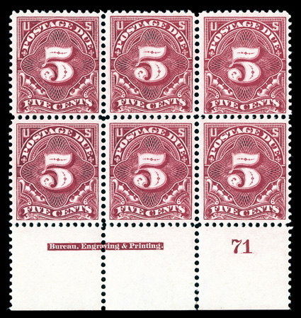 J41, 5c Claret, an especially choice wide bottom margin imprint and plate no. 71 block of six, being remarkably well centered for a multiple of this difficult issue, with vivid
rich color on uncommonly fresh white paper, immaculate o.g., n.h., c