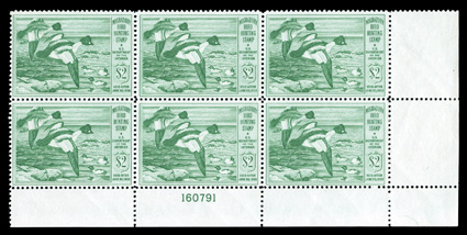 RW16, 1949 $2.00 Bright green, bottom right corner margin plate no. 160791 block of six, fresh and intact, o.g., n.h., fine-very fine.