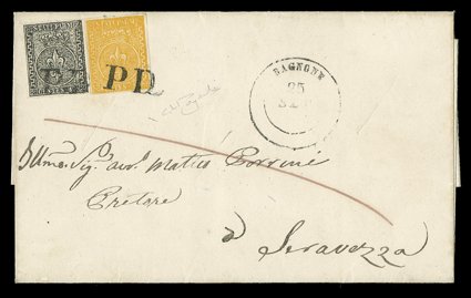2, 6, 1852 5c Black on yellow and 1854 5c Orange yellow, mixed issue franking, a very pretty 1855 folded cover that shows many interesting facets of postal history, in addition
to being a mixed issue usage, the stamps are neatly tied by two stri
