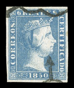 4, 1850 6R Blue, select used example, uniformly large even margins all around, bright and fresh, neat spider cancellations that are nearly face free, extremely fine and
attractive signed Richter and another (Edifil 4 Ç1,000).