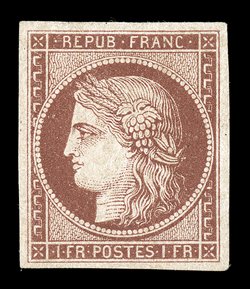 9e, 1849 1Fr Red brown, an impressive example of this rare stamp, being in a quality with which few other mint examples can compare, boasting particularly large and well
balanced margins all around, plus it is exceptionally fresh, with strong ch