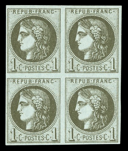 38, 1870 1c Olive green on pale blue, Die 3, handsome mint block of four, ample to mostly large margins all around, luxuriant color on fresh paper, o.g., bottom pair very
lightly hinged, very fine ex-Derby (Yvert 39C Ç750).