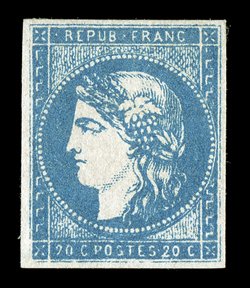 43, 1870 20c Blue on bluish, Ty. I, Die 2, a magnificent mint example of this Bordeaux issue rarity, being in a quality with which few other copies can compare, possessing large
even margins all around, deep rich color and distinctive impression