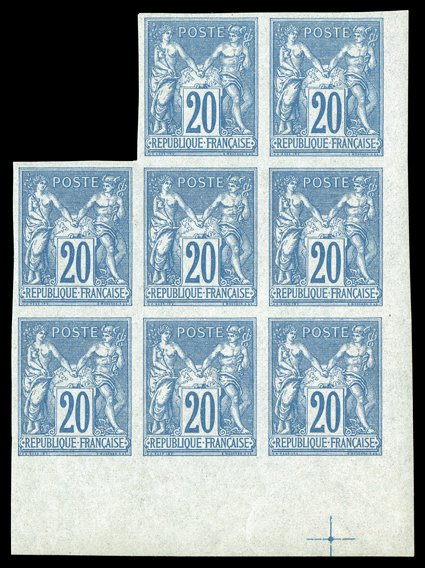 Yvert 73a var., 1876 20c Blue on turquoise imperforate, Ty. II, a striking bottom right corner margin irregular block of eight of this value, which was prepared but never
issued, wonderfully bright and fresh, pristine o.g., n.h., extremely fine