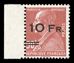 C3, 1928 10Fr on 90c Ile de France air post, post office fresh left sheet-margin single, rich color, pristine o.g., n.h., fine only 2,700 stamps were surcharged, 1,135 of which
were used signed, as well as being accompanied by 1972 BPA and 1