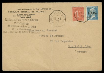 C4, 1928 10Fr on 1.50Fr Ile de France air post, single tied along with 50c Sower (146) by partial strike of octagonal New-York au Havre23.828 first day of issue datestamp to
buff cover to Pairs, France, full strike of postmark repeated at