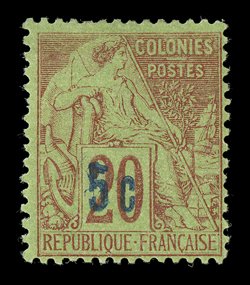 4, 1889 5c Blue surcharge on 20c Red on green, an attractive mint example of this elusive and seldom offered stamp, vivid rich colors, typical centering, o.g., fine signed A.
Brun and Roumet ex-Gibralter (Yvert 9 Ç4,500).
