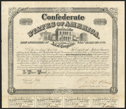 Act of March 23, 1863. $1000. Cr. 130, B-264. No. 3553. Vignette of the old Custom House in Richmond, Va. Signed by Rose. 7 coupons below. Geo. Dunn & Co., Richmond, Va. at
bottom center. Small piece out upper left repaired with paper, foxe