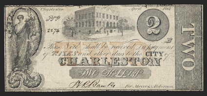 SC. Charleston. City of Charleston. $2. April 1862. (Sheheen 793). No. 2274. Roman woman standing in ornate 2 at left. Old Charleston City Hall at center. Red TWO overprint.
Imprint of Wm. Keenan, Charleston. VGF, with pinh