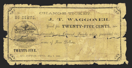 TN. Big Bottom. J. T. Waggoner. 25 Cents. May 1, 1862. Typset on Yellow paper. GVG, paper loss around edges and multiple separations internally. The majority of the yellow
paper scrip from this issuer are in similar shape. From T