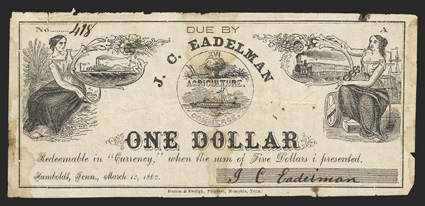 TN. Humboldt. J. C. Eadelman. $1. March 12, 1862. Garland Unlisted. No. 418. Agriculture at left, holding oval with a paddlewheel steamer. Commerce at right holding oval with
steam train. VGF, with rough top and right edges and sta