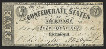 T-12. $5. 1861. Cr. 47, PF-1. Plate G. The Manouvrier note. This is the only note from the 1861 issue with a printed back.  VGF, uncancelled, but with some pinholes
noted.