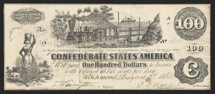 T-39. $100. 1862. Cr. Unlisted, PF-14. No. 28505. Plate Aa. Milkmaid, left. Railway train with straight steam. No cloud variety - State III. Reverse contains three Jackson
interest paid stamps plus a partial written in Montgomery date on stamp.