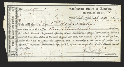 AL. Mobile. $1000. March 17, 1864. AL-90. Mobile Type 3. NO. 1185. IDR Plate Form, page 104.  Two endorsements on back. Fine, center hole, 2 small edge tears. From The Holger
Dreher Collection