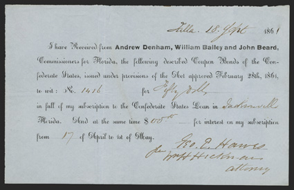 FL. Jacksonville. $50. Sept. 18, 1861. FL-6. Bond Receipt Form. No. 1416. This Bond Receipt form is printed on blue woven paper, and is listed as a Rarity 15 (Unique) and not
pictured in the IDR book. Very Fine with a small tear at to