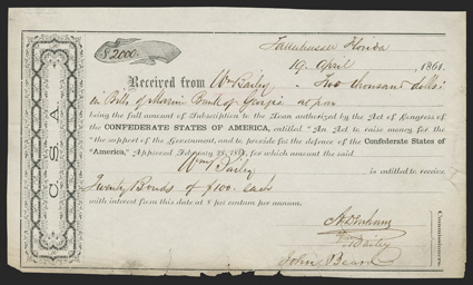 FL. Tallahassee. $2,000. Apr. 19, 1961. FL-22. Montgomery Type II. While not numbered, there were believed to be only 30 IDRs issued of this type over the last two weeks of
April 1861. This VGF example has multiple small tears along t