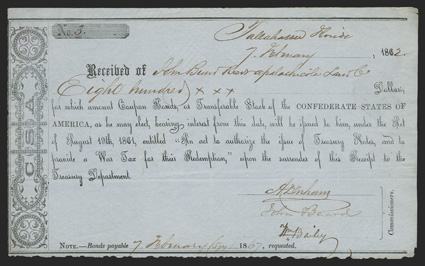 FL. Tallahassee. $800. Feb. 7, 1862. FL-25. Montgomery Type IA. No. 3. A lovely FVF example with a tear in the upper right corner that is outside of the frame line, and with a
serrated bottom edge, having the appearance of being torn f