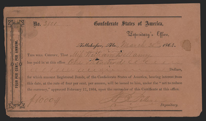 FL. Tallahassee. $1,000. March 25, 1864. FL-45. No. 2801. As previous, but printed on orange-brown paper. Two transfer statements on back. Fine, cut cancelled with some small
paper loss. Some light staining is noted in upper left corner