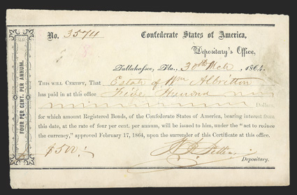 FL. Tallahassee. $500. March 30, 1864. FL-47. No. 3574. As previous, but printed on white woven paper. Fine, cut cancelled with a spindle hole at left. Faded red 8 at upper
left, as well as all ink has faded due to being wet and dri