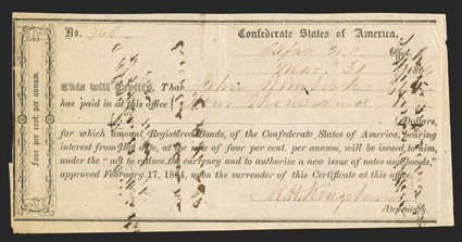 NC. Oxford. $4,000. March 31, 1864. NC-103. Richmond Type II. No. 746. Plate IDR Form, page 262. Printed on pink paper with endorsement on back. Very Fine with ink burn and
pinholes noted.