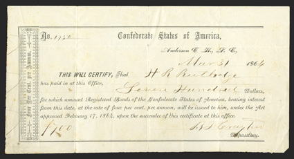 SC. Anderson. $700. March 31, 1864. SC-12. Columbia Local Type 1. No. 1750. On white paper with Anderson C. H., S.C., at upper right. VF, pinholes.