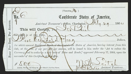 SC. Charleston. $500. Feb. 29, 1864. SC-36. Charleston Typeset Form 1. No. 6. Printed on light blue wove paper.  our percent bonds on fourth line down should be Four. VF, edge
rough lower right. From The Holger Dreher Collecti