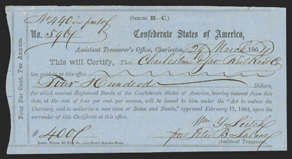 SC. Charleston. $400. March 29, 1864. SC-40. Charleston Typeset Form 1. No. 5967. IDR Plate Form,, page 312. Printed on dark blue laid paper that is watermarked Edinburgh 1864.
 VF. From The Holger Dreher Collection