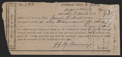 TN Bristol. $1,000. March 29, 1864. TN-3. Richmond Type IA. No. 193. Bristol is a border town that crosses both Tennessee and Virginia. This Very Good example was endorsed on
back by Joseph Anderson to settle his 1863 taxes with the Con