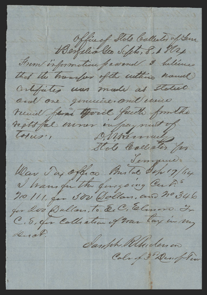 TN. (Bristol). Transfer Document. This blue woven paper document details transfers for multiple transfers within Sullivan County, Tennessee in September 1864. Documentation is
on both sides. Fine with three pinholes. <From The Joe C. Co