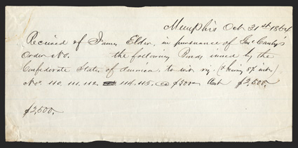 TN. Memphis. $2500 Total. Oct. 31, 1864. TN-35. This receipt actually states and details that James Elder turned in five CSA Bonds of $500 each, bearing 8% interest, and serial
numbers 110, 111, 112, 114, and 115. Also different from the ot