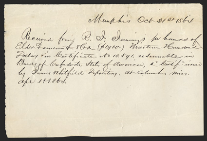 TN. Memphis. $1,900. Oct. 31, 1864. TN-35. No. 10591 This last Union receipt grades Very Good due to tears at top and bottom that have been closed with stamp hinges on back, as
the central body of the form only has three pinholes. The l