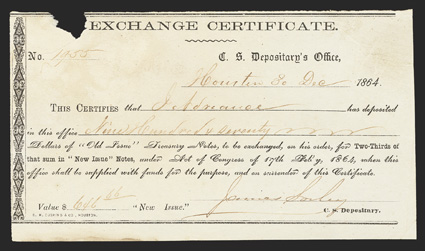 TX. Houston. $970. Dec. 30, 1864. TX-49. Houston Type 12. NO. 1955. IDR Plate Form, page 372. VFEF, with missing paper at upper left, hinge on back remnant. From The Holger
Dreher Collection