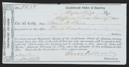 TX. Jefferson. $300. June 27, 1864. TX-57. Houston Type 3. NO. 9689. Endorsements on back of James Starr, with Oscar Holmes as witness. B>Fine, small edge tears. From The
Holger Dreher Collection