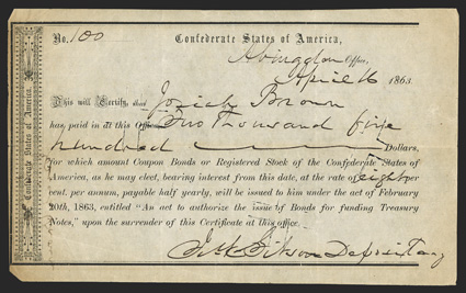 VA. Abingdon. $2,500. April 16, 1863. VA-4. Richmond Type I . No. 100. Plate IDR Form, page 388. Printed on thin white wove paper, and issued for 8% bonds.  Very Fine with
three cut cancels and trimmed corner tips at left.