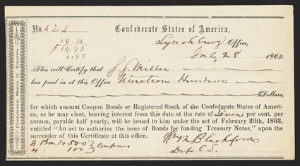 VA. Lynchburg. $1900. July 28, 1863. VA-85. Richmond Type III. No. 623. Red serial numbers similar to VA-82. VF, 3 pinholes. From The Holger Dreher
Collection