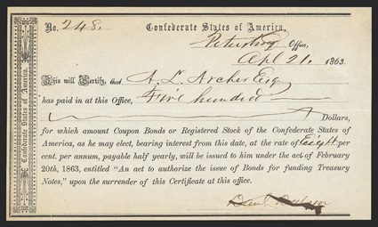 VA. Petersburg. $500. April 21, 1863. VA-116. Richmond Type I. No. 248. EF, two pinholes. From The Holger Dreher Collection