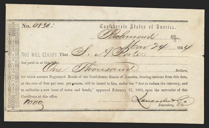 VA. Richmond. $1000. March 24, 1864. VA-145. Richmond Type III-Bb. No. 4830. Fine, stained and small notch out at left and right edges. From The Holger Dreher
Collection