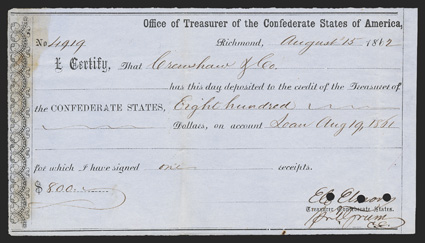 VA. Richmond. $800. August 15, 1862. VA-157. Richmond Local Type 3. No. 4919. One last Interagency Transfer Deposit form. VF, stains, POC. From The Holger Dreher
Collection