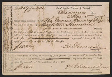 Pair of Richmond, Virginia IDRs: [2] 1) $1800. March 5, 1864. VA-170. No. 457 for 235. 2) $2500. March 5, 1864. VA-170. No. 488 for 235.  Both Fine, with pinholes and some
small ink burn spots. From The Holger Dreher Collection