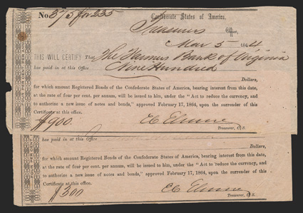 Pair of Virginia VA-172 IDRs: [2] 1) $900. March 5, 1864. VA-172. No. 375 for 235. Fine, small notch out at left 2) $300. March 5, 1864. VA-172. No. 215 for 235. VG-Fine. Both
are Richmond Type IIIAa. From The Holger Dreher Collectio