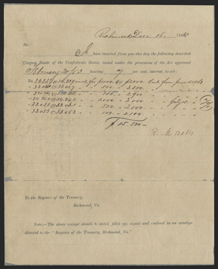 VA. Richmond. Redemption Form.  Dec. 16, 1864. This redemption form has been silked, with internal separations noticed along two fold lines across sheet. Very Good. From The
Joe C. Copeland Collection