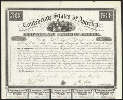 Act of February 28, 1861. $50. Cr. 5, B-2. No. 4479. Two females representing ColumbiaCommerce and CeresAgriculture. On thick paper. Signed by Tyler. Engraved by Douglas, Engr.
N. Orleans. 13 coupons. Rust stain along top edge verso, ed