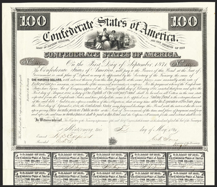 Act of February 28, 1861. $100. Cr. 6, B-4. No. 6687. As previous. Signed by Jones. 14 coupons below. Folds, one very light stain mid right, soiling on verso, about VF. From
The Holger Dreher Collection