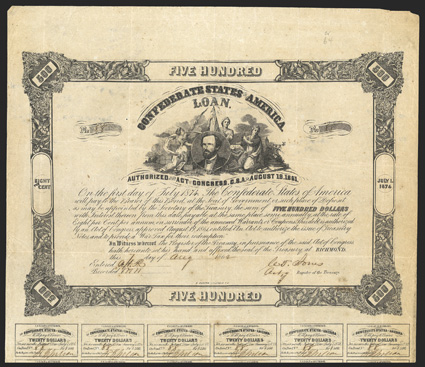 Act of August 19, 1861. $500. Cr. 64, B-85. No. 88. George W. Randolph portrait, surrounded by three female allegoricals. Toned and soiled, edge wear, light foxing, a strong
Fine. From The Holger Dreher Collection